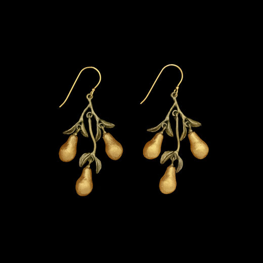 Hook earrings each with a trio of miniature golden pears dangling beneath 
